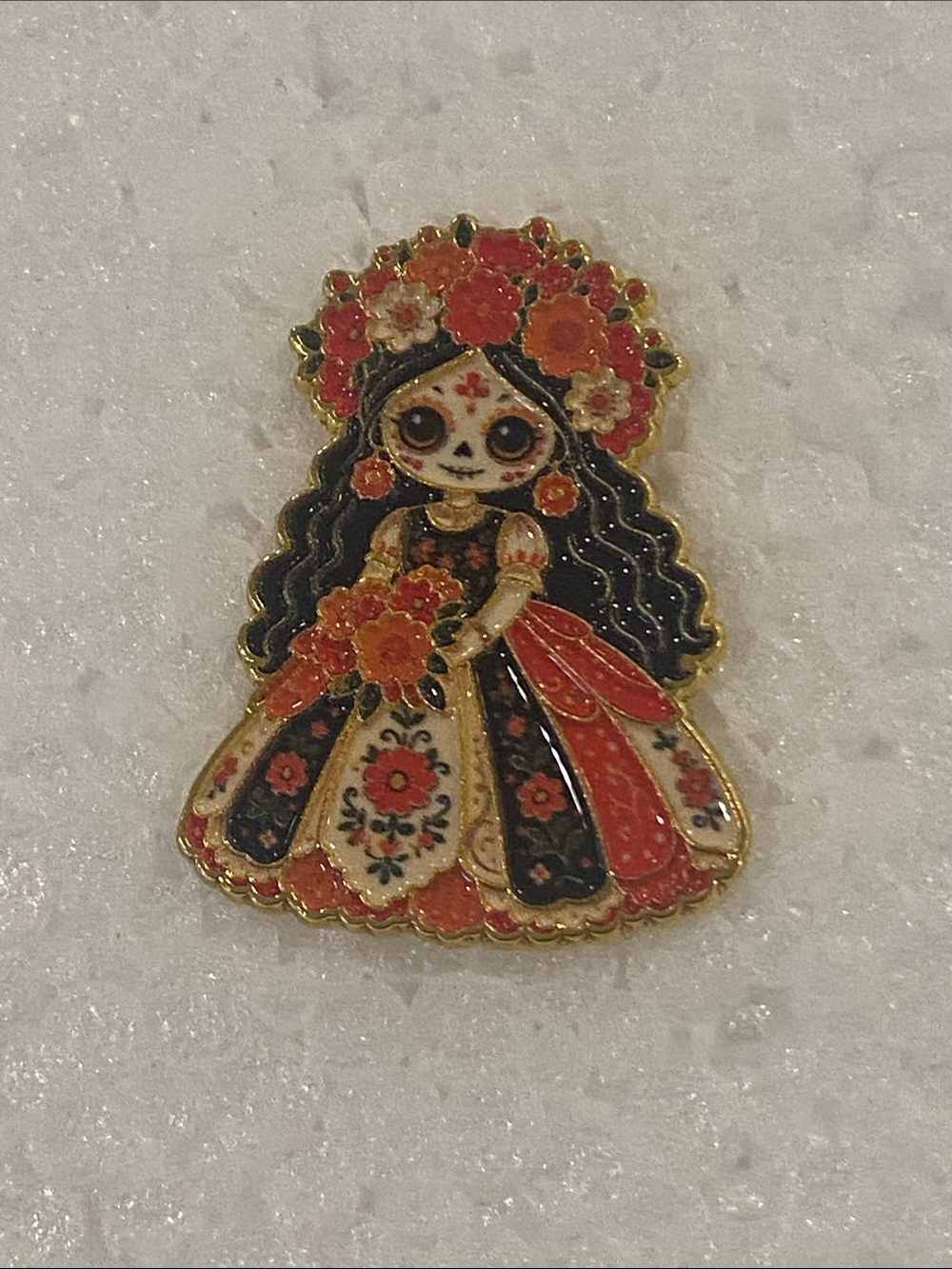 Day of the Dead Floral Enamel Pin - Orange & Black